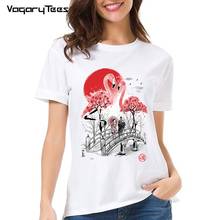 2021 Japan Style Flamingo Garden Print Cherry Blossoms Love T-Shirt New Summer Women Cute Girl Casual Woman White Tees 2024 - buy cheap