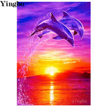 Pintura diamante 5d diy golfinho animal casal paisagem marítima do sol quadrado completo broca redonda pintura bordado mosaico ponto cruz 2024 - compre barato