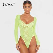 YiDuo Bow Floral Sheer Lace Bodysuit Long Sleeve V-Neck Backless Bodycon Jumpsuits Women Hollow Out Fashion Mesh Party Clubwear 2024 - buy cheap