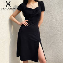 Vintage Square Neck Short Sleeve Skinny Women Dress Side Slit Sexy French Black Dresses Draped Stretch Female Slim Dress 2024 - buy cheap