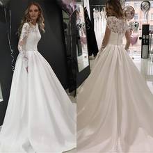 Luxury White Satin Wedding Dress Long Sleeve Decorated With Beading Applique Lace Bridal Gowns vestido de noiva 2021 2024 - buy cheap