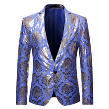 Blazers moda terno masculino jaqueta único breasted um botão padrão de impressão ouro estágio traje cantor anfitrião banquete festa preto azul 2024 - compre barato