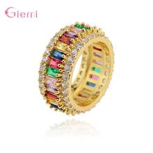 Genuine S925 Sterling Silver Luxury Gold Color Charm Stunning Multi-Color Square Crystal Big Rings For Women Anniversary Jewelry 2024 - buy cheap