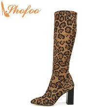 Brown Leopard Women Knee Long Boots High Chunky Heels Pointed Toe Zipper Large Size 13 16 Ladies Winter Mature Warm Shoes Shofoo 2024 - buy cheap