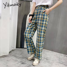 Yitimoky Plaid Pants Woman Trousers Elastic Waist Casual Sweatpants Sweat Joggers Streetwear Clothing Straight Fashion Vintage 2024 - buy cheap