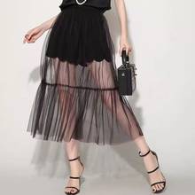 Free Size Transparent Tulle Skirt 2020 High Waist Casual Long Ruffle Mesh Ladies Skirt Spring Autumn Pleated Black Skirts Womens 2024 - buy cheap