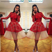 2019 Cheap Little Red Long Sleeves Cocktail Dress A Line Lace Juniors Sweet 15 Graduation Party Dress Plus Size 2024 - buy cheap