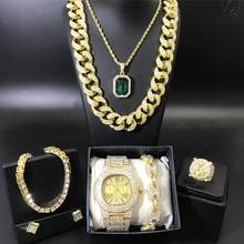 Hip hop masculino gelo para fora cubano colar de luxo masculino relógio & colar & braclete & brincos & anel conjunto combinado hip hop jewerly para homem 2024 - compre barato