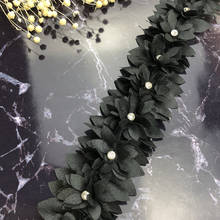 1 yarda negra 3D flor perla diamante encaje embellecedor apliques recorte cinta de encaje parches bordado tela costura artesanal hecho a mano decoración de boda 2024 - compra barato