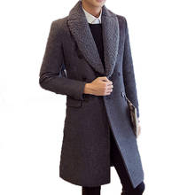Двубортное мужское шерстяное пальто с меховым воротником, зимняя куртка, мужское пальто, Черное длинное приталенное мужское шерстяное пальто, Мужская брендовая одежда WUJ1163 2024 - купить недорого