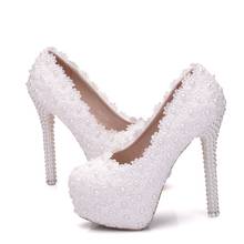 women platform high heels flower white lace wedding shoes women pumps big size women bridal shoes female high heel shoes 2024 - buy cheap