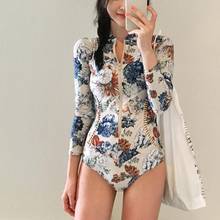 New 2020 Sexy One Piece Swimsuit Female Printed Floral Long Sleeve Front Zipper Swimwear Women Beach Bathing Suits Swimming 2024 - buy cheap