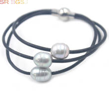 Free Shipping SR 10-12mm Freshwater Pearl 3-Strand Style Leather Cord Pearl Women Jewelry Bracelet  7.5-8" 2024 - buy cheap