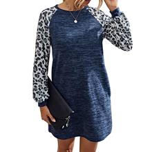 Casual vestido feminino primavera outono moda leopardo retalhos vestido manga longa o pescoço solto túnica elegante feminino mini vestidos de festa 2024 - compre barato