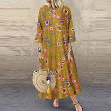 Женское хлопковое льняное платье размера плюс, модное праздничное платье с цветочным принтом, повседневное свободное платье макси с длинными рукавами и круглым вырезом 2024 - купить недорого