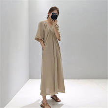 Johnature-vestido holgado Vintage de lino para mujer, ropa de verano con cuello en V, manga corta, Color sólido, 2021 2024 - compra barato