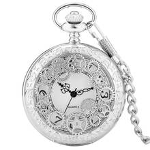 Luxury Silver Gear Hollow Quartz Pocket Watch Chain Fob Watch Arabic Numerals Display Watches Antique Clock Gifts for Men Women 2024 - buy cheap