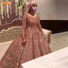 Muslim Pink Prom Dresses Long Sleeves Lace Up Sequines Ball Gown Dubai Women Reflective Dress Party Custom Made Vestidos De Gala 2024 - buy cheap