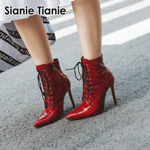 Sianie tianie-botas femininas de salto alto, couro sintético, couro sintético, cor vermelho e branco, com cadarço 2024 - compre barato