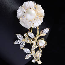 OKILY Elegant Plants Shell Corsage Accessories for Women Fashion Zirconia Peony Flower Pin and Brooches with Pearl New Year Gift 2024 - buy cheap