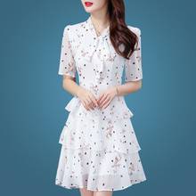 S-4XL Floral Chiffon Lace-Up Collar Women Elegant New Summer Waist Slim White Wave Point Cake Cocktail Dresses 4960 2024 - buy cheap