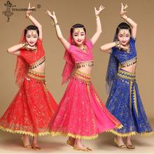 Traje de dança do ventre crianças trajes de dança bollywood conjunto indiano bollywood para crianças 5pcs conjunto (véu superior cinto saia) 2024 - compre barato