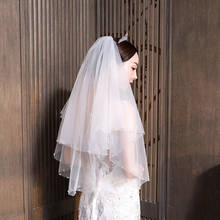 Véu de casamento com duas camadas, 70 cm, curto, branco, com pente, pérola, borda cortada, tule, acessórios de noiva, velos de noiva 2024 - compre barato