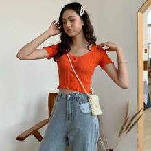 Fashion Women Tshirt Temperament Solid Color Button Knit O-neck Short-sleeved T Shirt Female Summer Casual Sexy Slim Crop Top 2024 - buy cheap