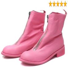 Women Brand Pink Motorcycle Vintage Zip Thick Heel Ankle Genuine Leather Cowhide High-Top Shoes Street Runway Boots 2024 - buy cheap