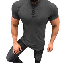 Camiseta masculina slim fit com gola v amarra manga curta, camiseta tops para verão-mx8 2024 - compre barato