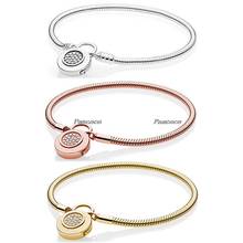 Pulsera de plata de ley 925 con logotipo de Color dorado, brazalete de serpiente liso con candado, compatible con abalorios, joyería Pandora artesanal 2024 - compra barato