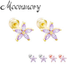 Moonmory 925 Sterling Silver Purple Zircon Flower Stud Earring With Piercing For Women Romantic Crystal Plant Orecchino Jewelry 2024 - buy cheap