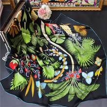 POBING 100% Real Silk Scarf Women Palm Tree Print Square Scarves Wraps Manual Hand Rolled Silk Foulards Bandana Hijabs 110CM 2024 - buy cheap