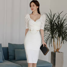 New Arrival Fashion Summer Korean Style Midi Party Dress Women OL Elegant Sexy Low-cut Short Sleeve Skinny Split Folds Dress 2024 - buy cheap