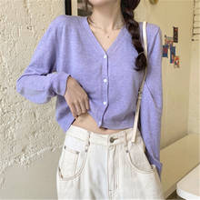 2020 Women Button Front Crop Knitted Top v-neck Ribbed Knit purple Cardigans Crop Knitted Soft Sweater For Women PZ3466 2024 - buy cheap