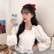 Women Blouse Autumn Puff Sleeve Lace Stitching White Square Collar Shirt Blusas Ropa De Mujer 2024 - buy cheap