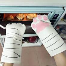 Длинные Хлопковые варежки для духовки с 3D рисунком кота и лап, изоляционные перчатки для выпечки, термостойкие Нескользящие кухонные перчатки для микроволновой печи 2024 - купить недорого