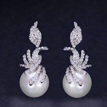QTT Ladies Silver Color Big White Pearl Long Earrings Vintage Zircon Dangle Earrings for Women Wedding Bridal Jewelry 2024 - buy cheap