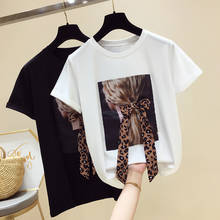 Camiseta blanca para mujer, Tops de verano con estampado de leopardo y lazo, camiseta de manga corta de algodón, 2020 2024 - compra barato