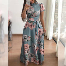 Summer Vintage Flower Print Short Sleeve Long Dress Women Elegant Boho Casual Slim High Waist Belt Robe Bodycon Maxi Party Dress 2024 - buy cheap