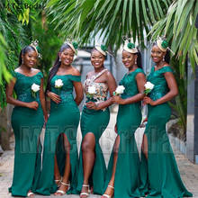 Vestidos de dama de honor africanos largos de talla grande, verde, con hendidura, cuello en V, cuentas de encaje, sirena, negro, para fiesta de boda, venta al por mayor 2024 - compra barato