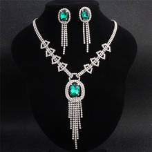 Vintage Female Green Crystal Jewelry Set Charm Silver Color Wedding Drop Earrings For Women Bridal Geometry Long Chain Necklace 2024 - buy cheap