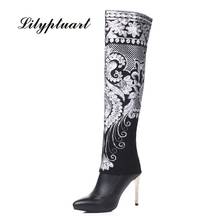2020 Women New Fashion Matter Leather Electric Embroidered Mid-Heel Knight Boots Comfortable Sleeve Pointed toe Square Heel 2024 - buy cheap