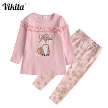 VIKITA-Conjuntos de ropa de algodón para niña, camiseta de dibujos animados con lentejuelas de zorro y pantalones con estampado de mariposa, ropa de otoño 2024 - compra barato