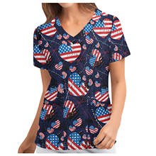 New American Flag Print Working Nurse Uniform Blouse Women Short Sleeve V-Neck Heart Graphic Scrub Tops Hospital Workwear A50 2024 - buy cheap