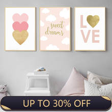 Pintura en lienzo Rosa rubor para bebé, póster de arte de pared nórdico para dormitorio de niña, decoración de imagen con estampado de amor y Corazón dorado 2024 - compra barato