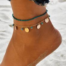 Vintage Fashion Green Opal Beaded Gold Silver Color Thin Ankle Anklets Simple Metal Sequin Pendant Anklets Women Foot Jewelry 2024 - buy cheap