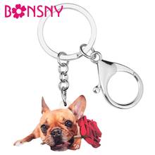 Bonsny Acrylic Valentine's Day Rose Bulldog Dog Key Chains Rings Animal Keychains For Women Girl Teen Bag Car Wallet Decorations 2024 - buy cheap