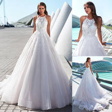 Lindo vestido de noiva de tule gola aberta, lindo vestido de casamento com apliques de renda costas abertas 2024 - compre barato