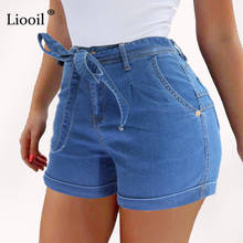 Liooil-Vaqueros cortos para mujer, pantalones cortos azules de algodón, de cintura alta, con bolsillos y cordones, Sexy, para verano, 2021 2024 - compra barato